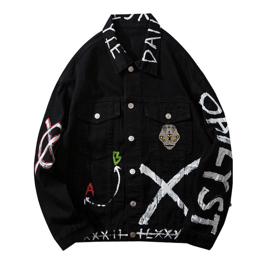 Chaqueta Denim Negra con Estampado para Hombre - Cardigan de Moda Otoño Invierno