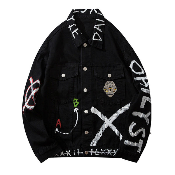 Chaqueta Denim Negra con Estampado para Hombre - Cardigan de Moda Otoño Invierno