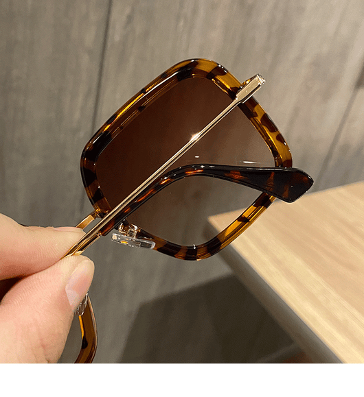 Retro big frame square brown sunglasses for women with white outer frames and gold-toned inner rims. - Image 9
