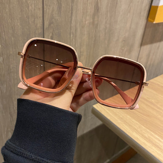 Retro big frame square brown sunglasses for women with white outer frames and gold-toned inner rims. - Image 14