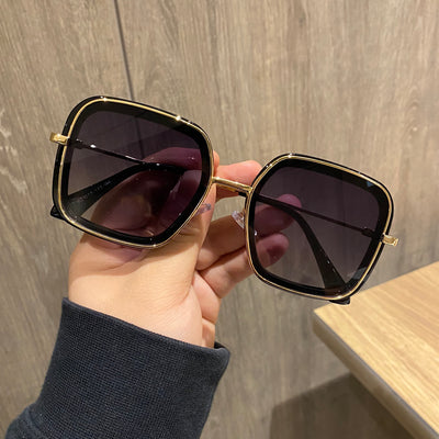 Retro big frame square brown sunglasses for women with white outer frames and gold-toned inner rims. - Image 5