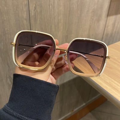 Retro big frame square brown sunglasses for women with white outer frames and gold-toned inner rims. - Image 6