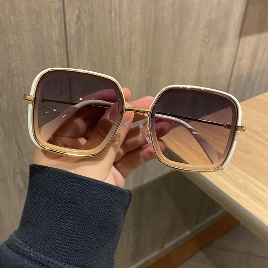 Retro big frame square brown sunglasses for women with white outer frames and gold-toned inner rims. - Image 6