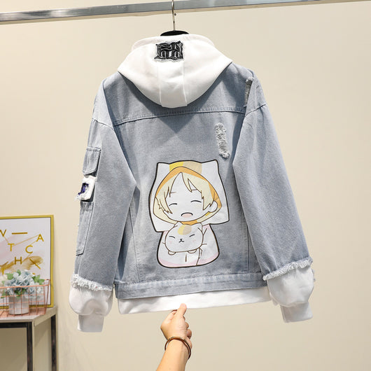 Chaqueta Denim Hoodie Falso Dos Piezas para Mujer - Suelta y Versátil - Image 7