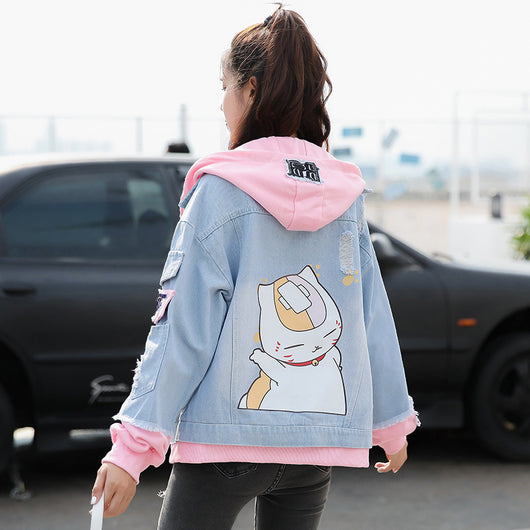 Chaqueta Denim Hoodie Falso Dos Piezas para Mujer - Suelta y Versátil - Image 11