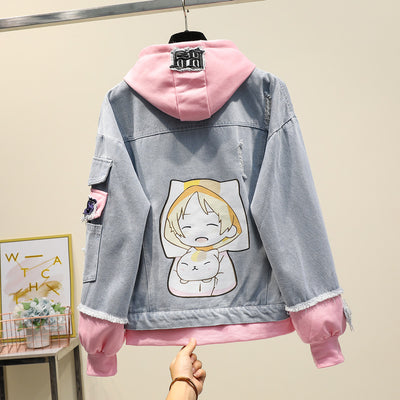 Chaqueta Denim Hoodie Falso Dos Piezas para Mujer - Suelta y Versátil - Image 2