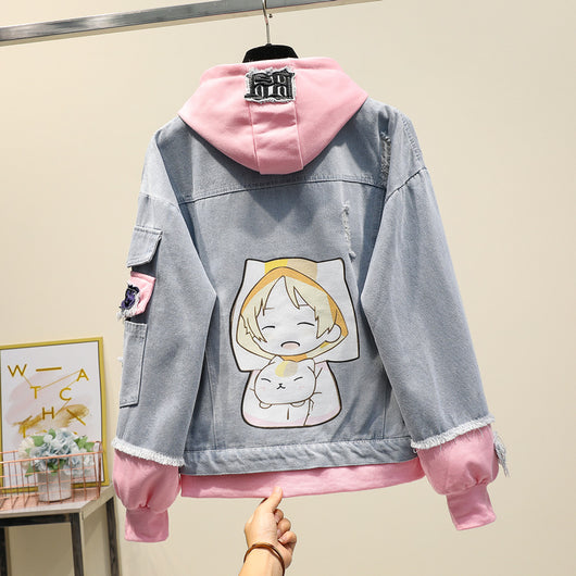 Chaqueta Denim Hoodie Falso Dos Piezas para Mujer - Suelta y Versátil - Image 2