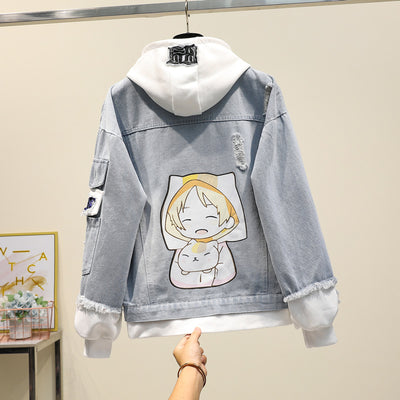 Chaqueta Denim Hoodie Falso Dos Piezas para Mujer - Suelta y Versátil - Image 5