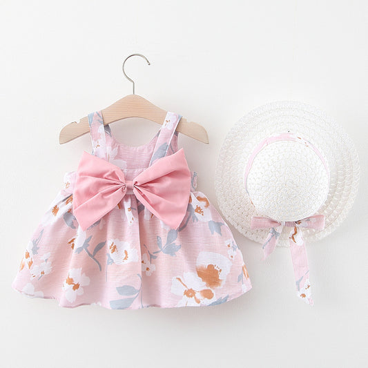 Vestido Camiseta Estampado Treasure con Tirantes y Moño - Versión Coreana