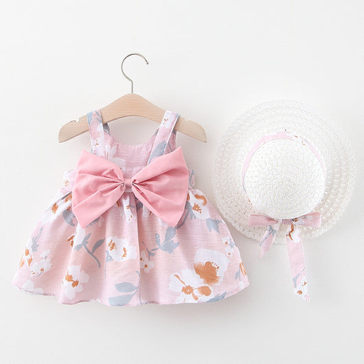 Vestido Camiseta Estampado Treasure con Tirantes y Moño - Versión Coreana