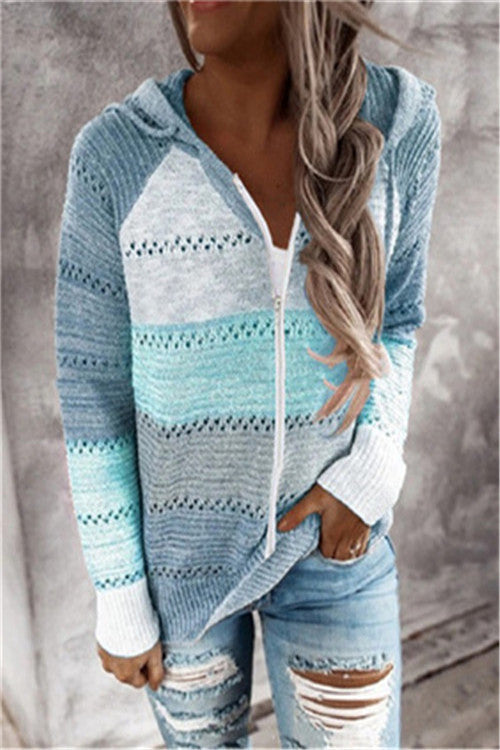 Suéter Hoodie Rayado con Paneles y Cierre - Image 9