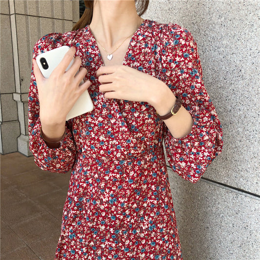 Vestido Retro Floral con Mangas Abullonadas y Cuello en V - Image 2