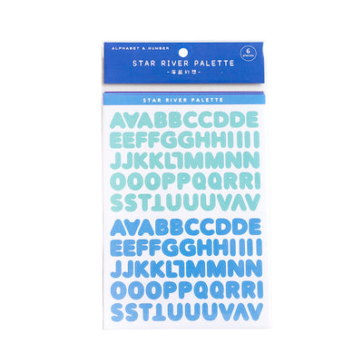 Six sheets of self-adhesive letter, number, and symbol stickers in blue and purple 'Star River Palette' designs. - Image 8