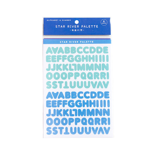 Six sheets of self-adhesive letter, number, and symbol stickers in blue and purple 'Star River Palette' designs. - Image 8