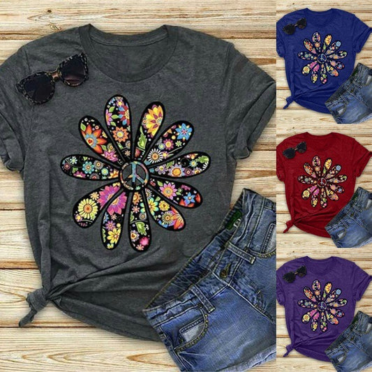 Camiseta Estampado Girasol para Mujer Manga Corta