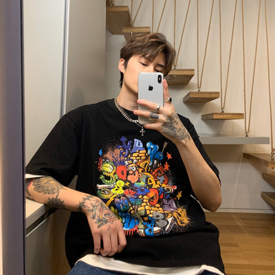 Playera Relajada para Parejas con Estampado Graffiti Cartoon - Image 9