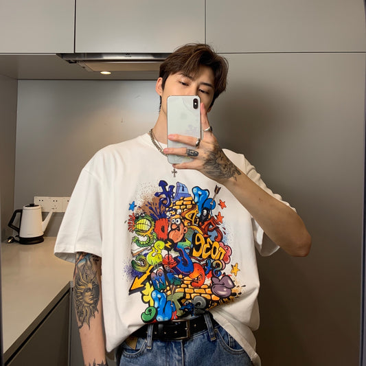 Playera Relajada para Parejas con Estampado Graffiti Cartoon