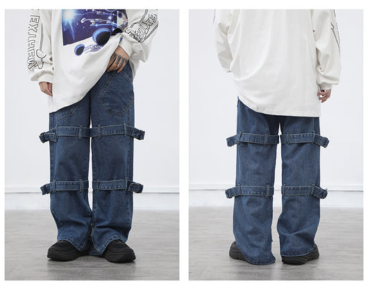 Pantalones Jeans Hombre Rectos Anchos Negros Desgastados con Cordones - Image 12