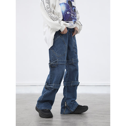 Pantalones Jeans Hombre Rectos Anchos Negros Desgastados con Cordones - Image 9