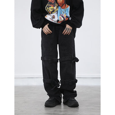 Pantalones Jeans Hombre Rectos Anchos Negros Desgastados con Cordones - Image 7