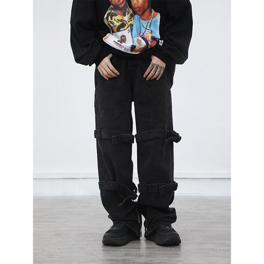 Pantalones Jeans Hombre Rectos Anchos Negros Desgastados con Cordones - Image 7