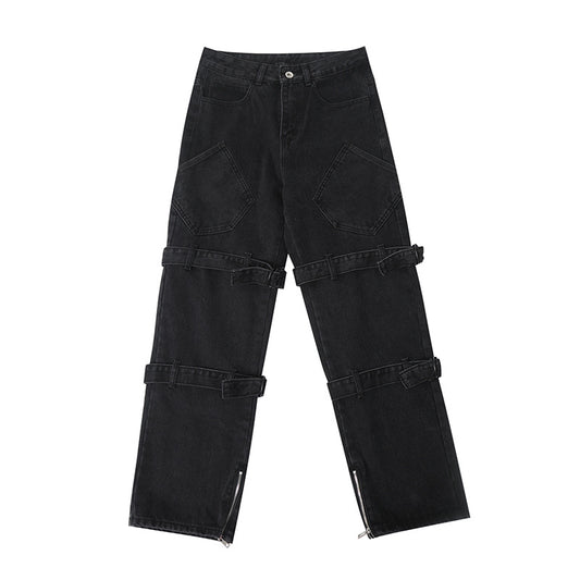 Pantalones Jeans Hombre Rectos Anchos Negros Desgastados con Cordones - Image 2