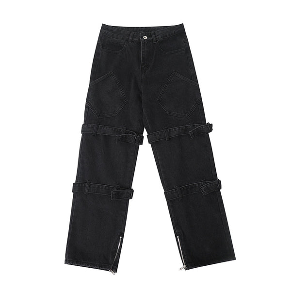 Pantalones Jeans Hombre Rectos Anchos Negros Desgastados con Cordones