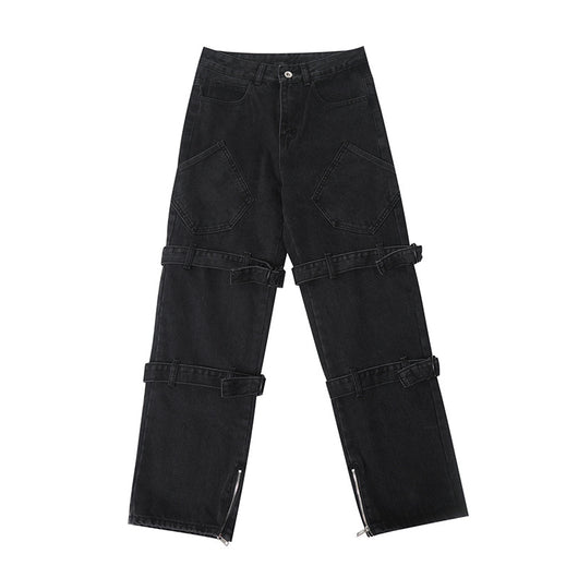 Pantalones Jeans Hombre Rectos Anchos Negros Desgastados con Cordones - Image 2