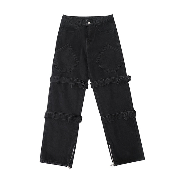 Pantalones Jeans Hombre Rectos Anchos Negros Desgastados con Cordones