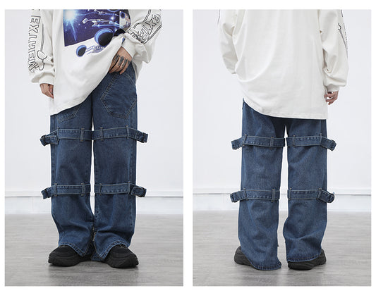 Pantalones Jeans Hombre Rectos Anchos Negros Desgastados con Cordones