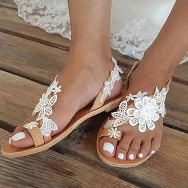Sandalias Cómodas de Encaje Plano Talla Grande con Tacón Bajo