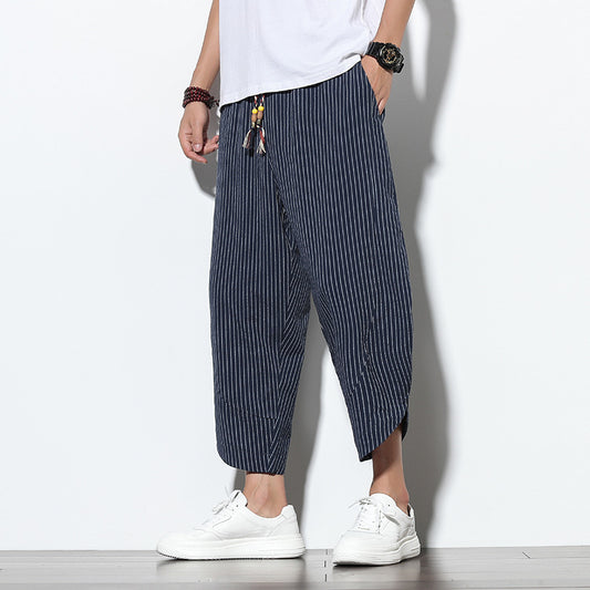Pantalones Harem Holgados de Algodón y Lino con Rayas - Talla Grande