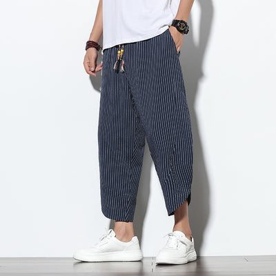 Pantalones Harem Holgados de Algodón y Lino con Rayas - Talla Grande