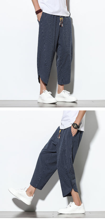 Pantalones Harem Holgados de Algodón y Lino con Rayas - Talla Grande - Image 8