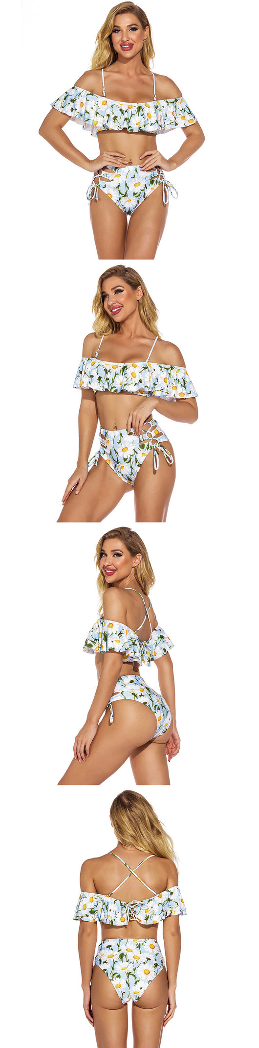 Women's light blue daisy floral print bikini with ruffled off-shoulder top and high-waisted lace-up bottoms. - Image 8