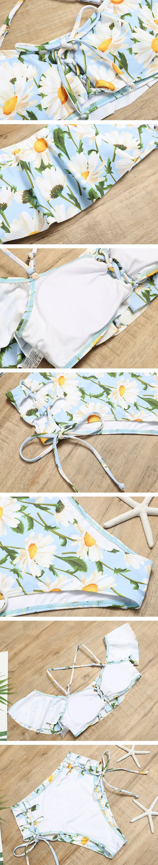 Women's light blue daisy floral print bikini with ruffled off-shoulder top and high-waisted lace-up bottoms. - Image 9