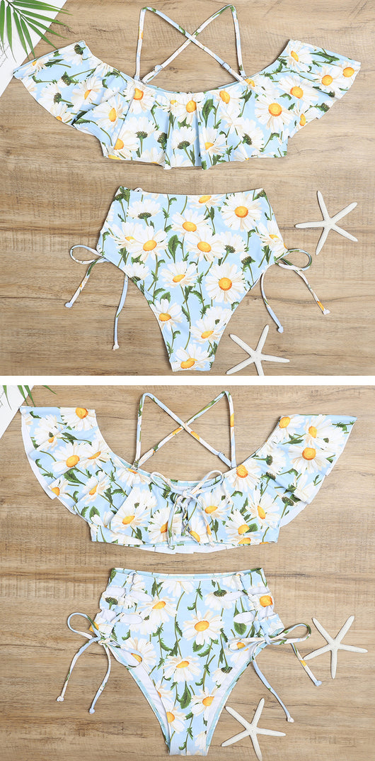 Women's light blue daisy floral print bikini with ruffled off-shoulder top and high-waisted lace-up bottoms. - Image 10