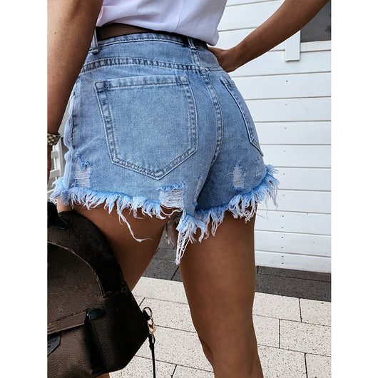 Shorts Denim Rotos Talle Alto con Flecos Desflecados - Image 3