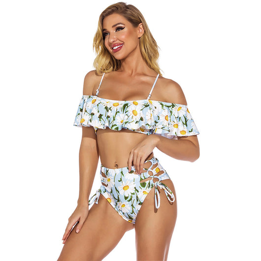 Women's light blue daisy floral print bikini with ruffled off-shoulder top and high-waisted lace-up bottoms. - Image 11