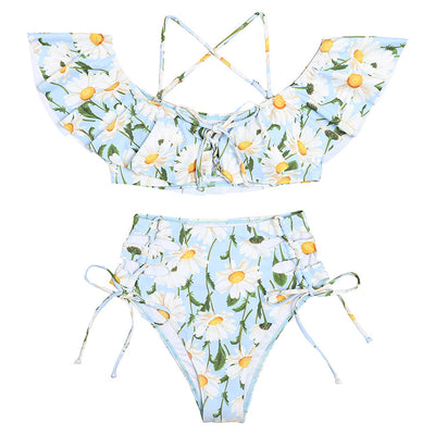 Women's light blue daisy floral print bikini with ruffled off-shoulder top and high-waisted lace-up bottoms. - Image 12