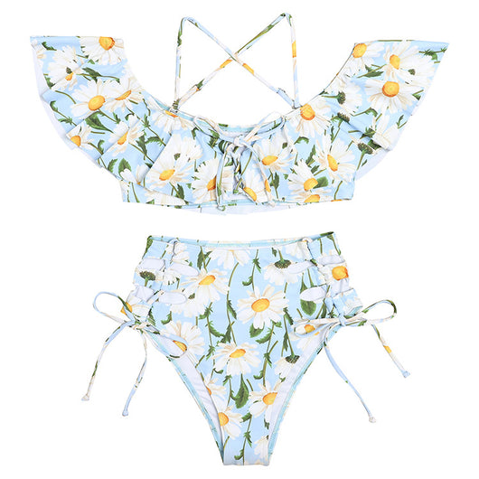 Women's light blue daisy floral print bikini with ruffled off-shoulder top and high-waisted lace-up bottoms. - Image 12