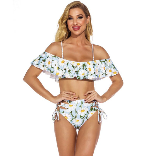 Women's light blue daisy floral print bikini with ruffled off-shoulder top and high-waisted lace-up bottoms. - Image 2