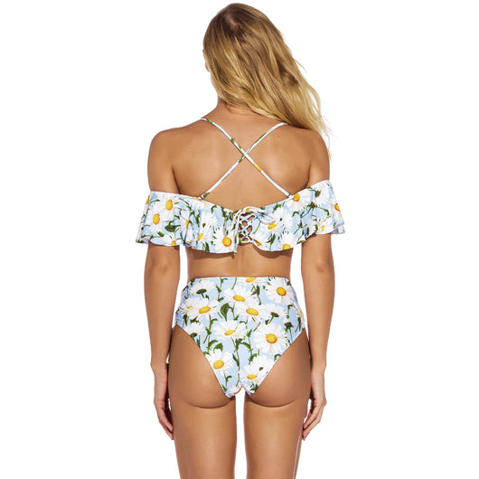 Women's light blue daisy floral print bikini with ruffled off-shoulder top and high-waisted lace-up bottoms. - Image 3