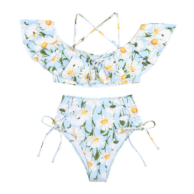 Women's light blue daisy floral print bikini with ruffled off-shoulder top and high-waisted lace-up bottoms. - Image 6