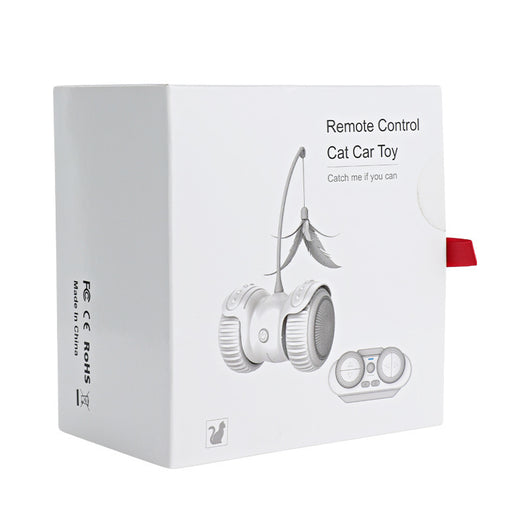 White and mint green remote control cat toy with a feather wand and bell, shown with remote, USB cable, and batteries. - Image 11