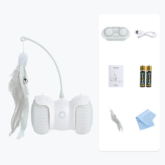 White and mint green remote control cat toy with a feather wand and bell, shown with remote, USB cable, and batteries. - Image 8