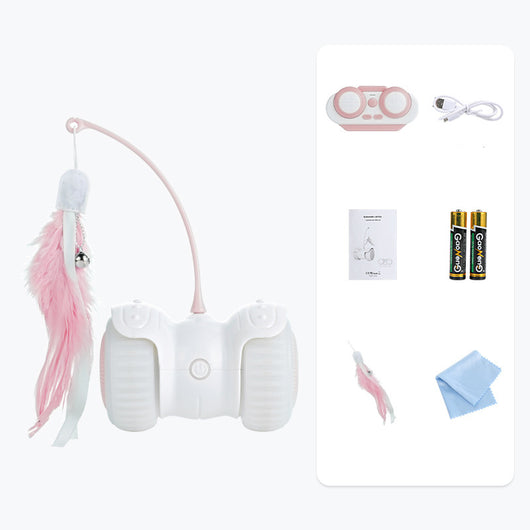 White and mint green remote control cat toy with a feather wand and bell, shown with remote, USB cable, and batteries. - Image 7