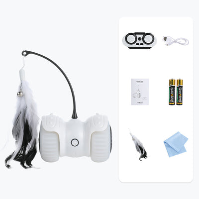 White and mint green remote control cat toy with a feather wand and bell, shown with remote, USB cable, and batteries. - Image 6