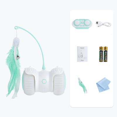 White and mint green remote control cat toy with a feather wand and bell, shown with remote, USB cable, and batteries. - Image 5