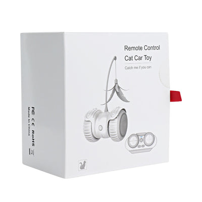 White and mint green remote control cat toy with a feather wand and bell, shown with remote, USB cable, and batteries. - Image 4